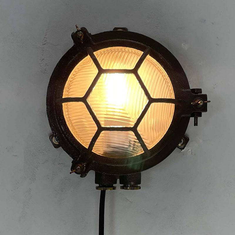 1970's Japanese Black Cast Iron Circular Wall Light Hexagon Cage & Reeded Glass For Sale 12