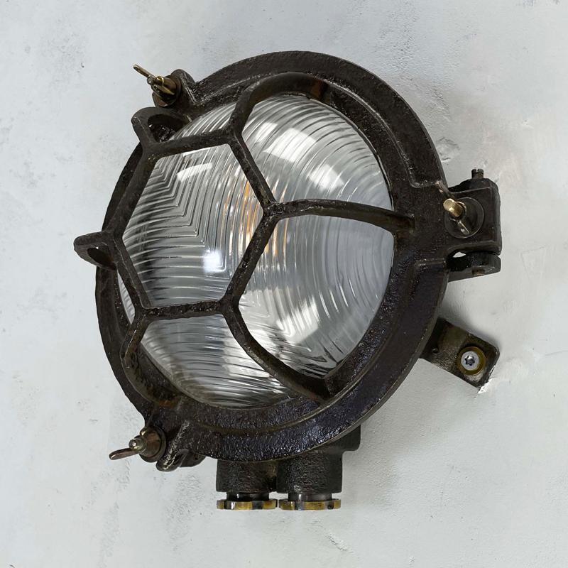 1970's Japanese Black Cast Iron Circular Wall Light Hexagon Cage & Reeded Glass In Distressed Condition For Sale In Leicester, Leicestershire
