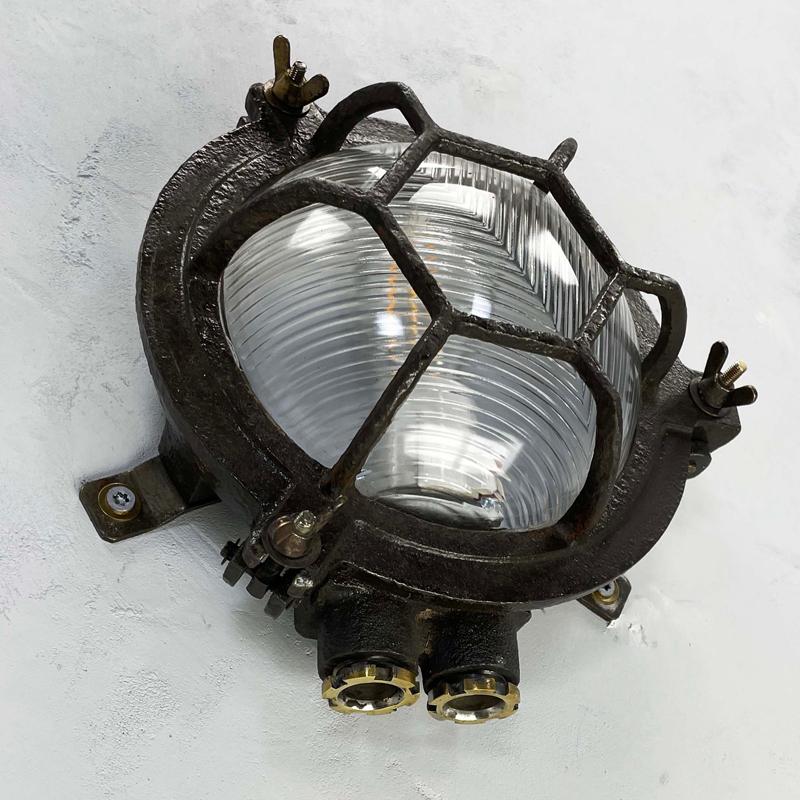 1970's Japanese Black Cast Iron Circular Wall Light Hexagon Cage & Reeded Glass For Sale 1