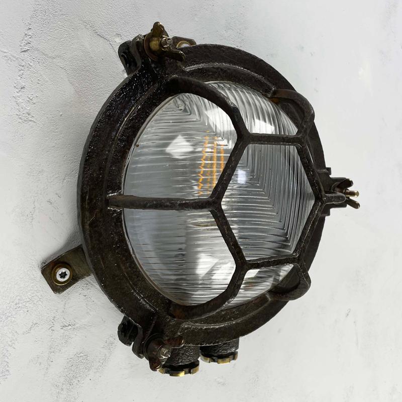 1970's Japanese Black Cast Iron Circular Wall Light Hexagon Cage & Reeded Glass For Sale 2
