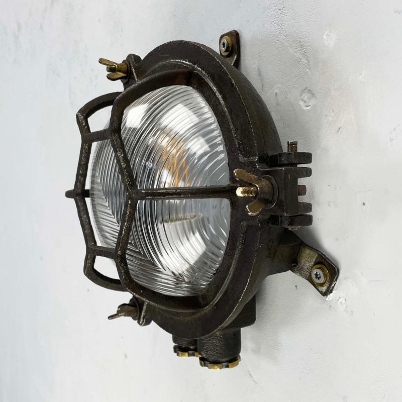1970's Japanese Black Cast Iron Circular Wall Light Hexagon Cage & Reeded Glass For Sale 3
