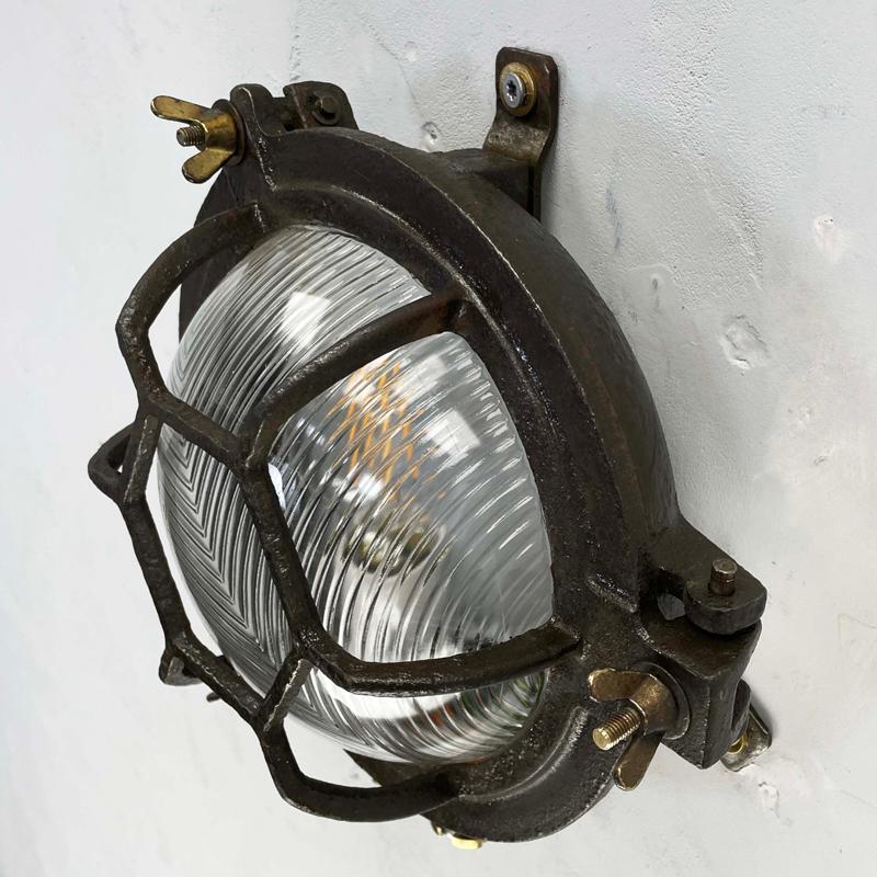 1970's Japanese Black Cast Iron Circular Wall Light Hexagon Cage & Reeded Glass For Sale 4