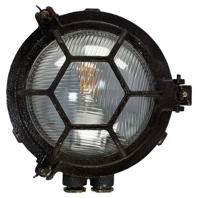 1970's Japanese Black Cast Iron Circular Wall Light Hexagon Cage & Reeded Glass