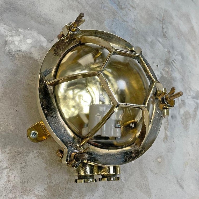 1970's Japanese Brass Circular Wall Light with Hexagonal Cage & Glass Dome Shade For Sale 4