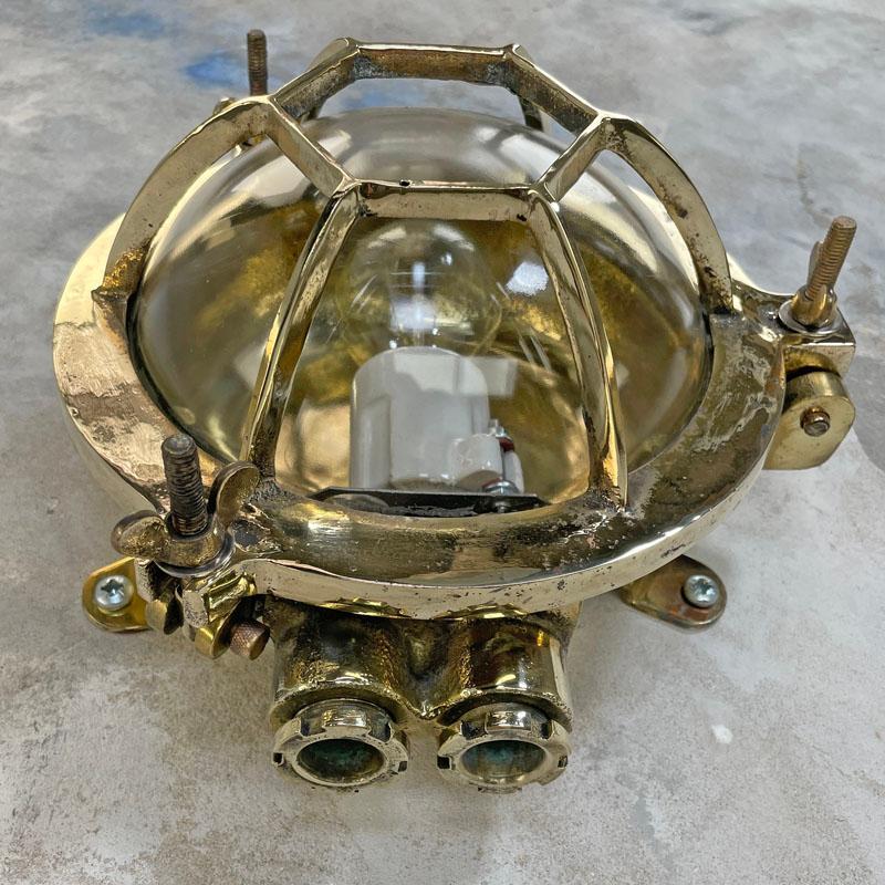 1970's Japanese Brass Circular Wall Light with Hexagonal Cage & Glass Dome Shade For Sale 5