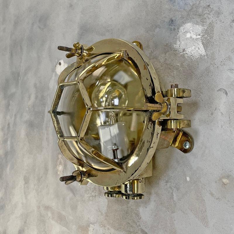 Industrial 1970's Japanese Brass Circular Wall Light with Hexagonal Cage & Glass Dome Shade For Sale