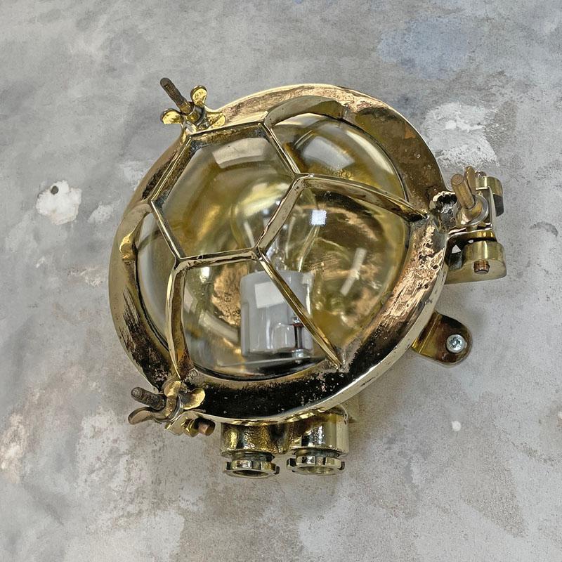 Cast 1970's Japanese Brass Circular Wall Light with Hexagonal Cage & Glass Dome Shade For Sale