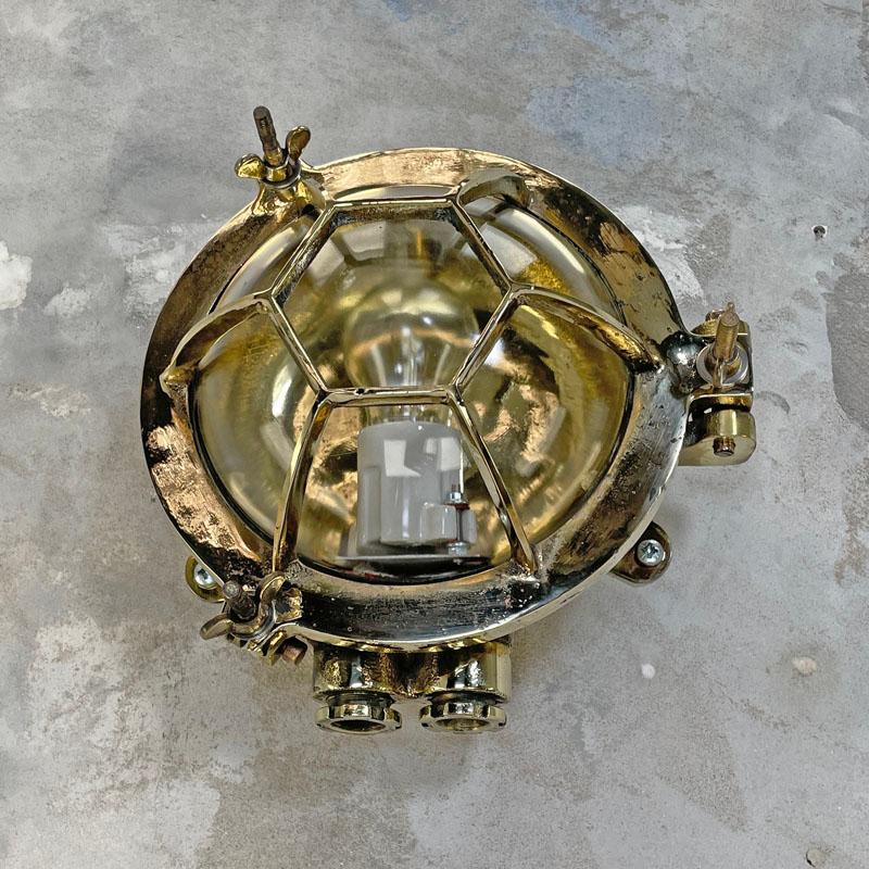 1970's Japanese Brass Circular Wall Light with Hexagonal Cage & Glass Dome Shade In Good Condition For Sale In Leicester, Leicestershire