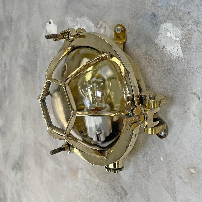 Late 20th Century 1970's Japanese Brass Circular Wall Light with Hexagonal Cage & Glass Dome Shade For Sale