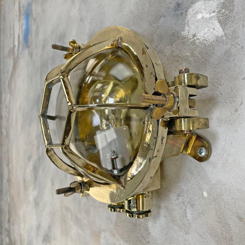 1970's Japanese Brass Circular Wall Light with Hexagonal Cage & Glass Dome Shade For Sale 1