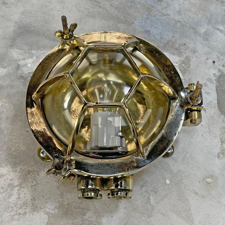 1970's Japanese Brass Circular Wall Light with Hexagonal Cage & Glass Dome Shade For Sale 3