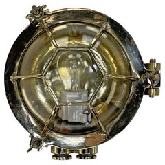 1970's Japanese Brass Circular Wall Light with Hexagonal Cage & Glass Dome Shade