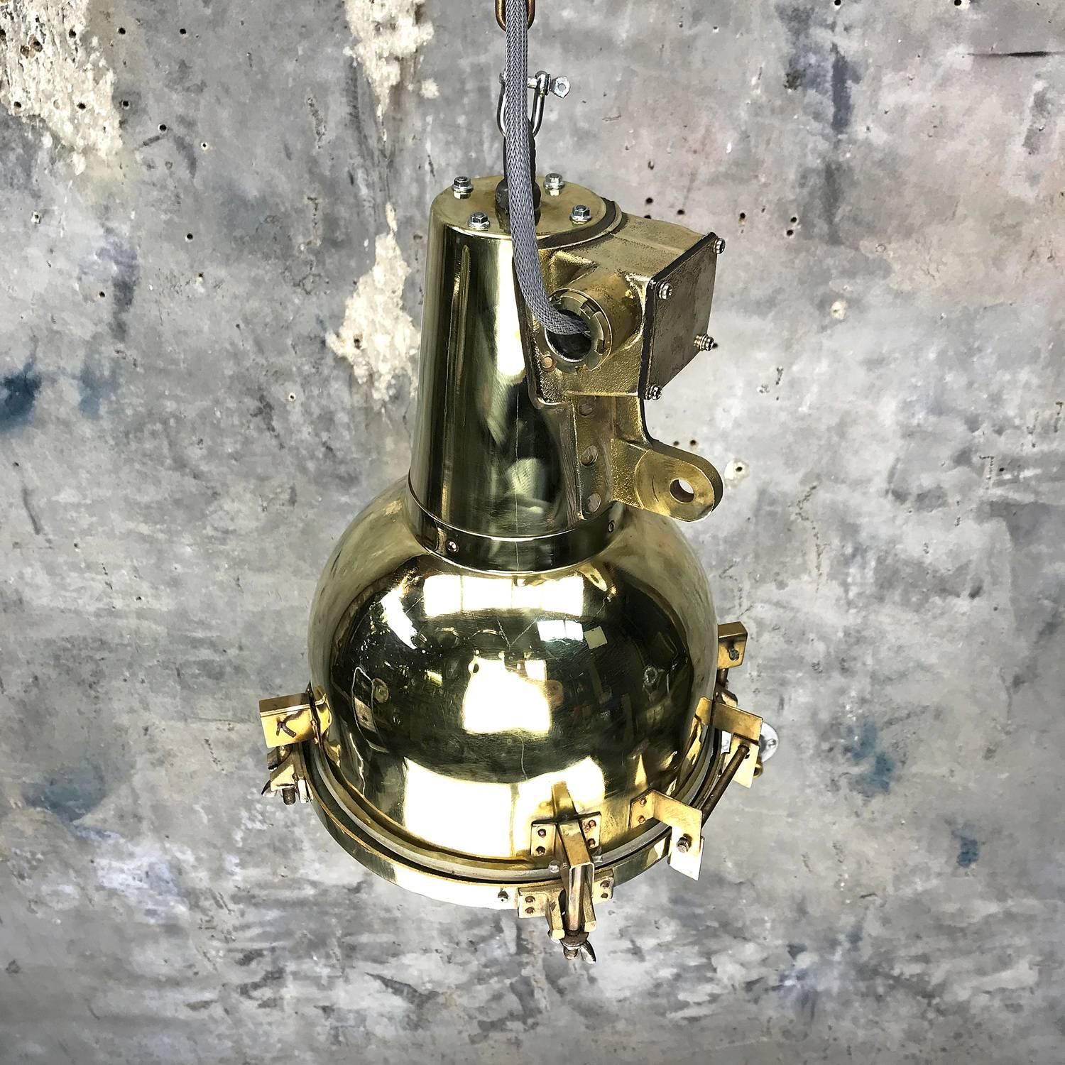 1970s Japanese Brass Marine Nautical Searchlight Pendant Lamp, Edison E26/E27 2