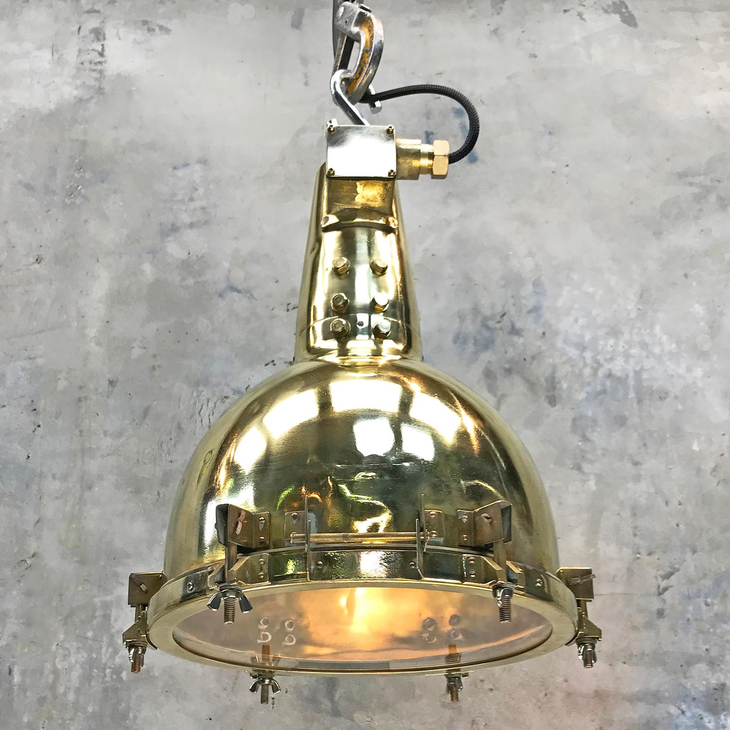 Industrial 1970s Japanese Brass Marine Nautical Searchlight Pendant Lamp, Edison E40-E27 For Sale