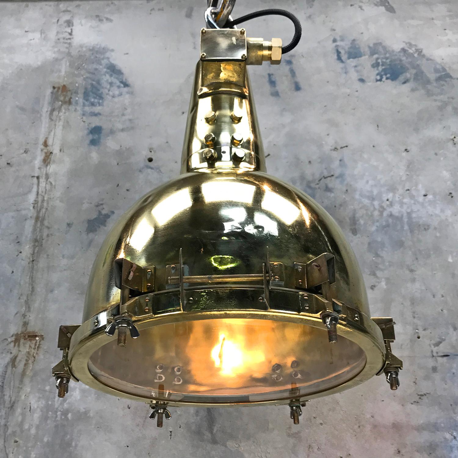 Cast 1970s Japanese Brass Marine Nautical Searchlight Pendant Lamp, Edison E40-E27 For Sale