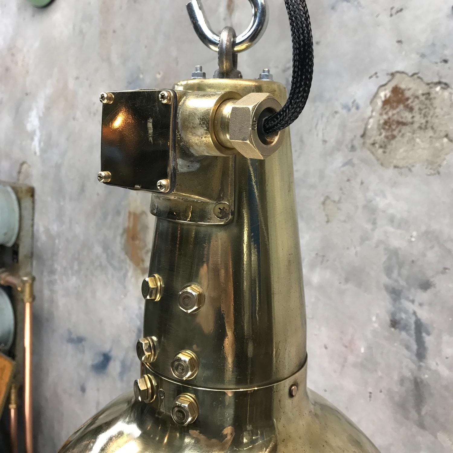 1970s Japanese Brass Marine Nautical Searchlight Pendant Lamp, Edison E40-E27 In Good Condition For Sale In Leicester, Leicestershire