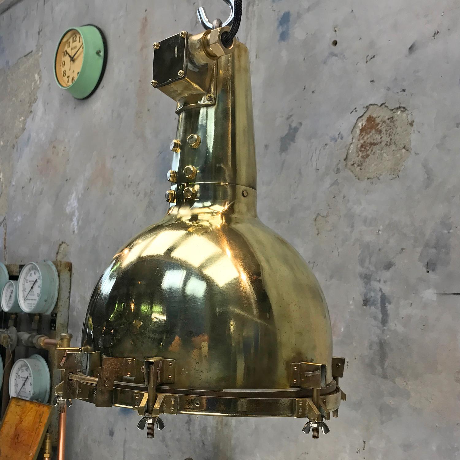 Late 20th Century 1970s Japanese Brass Marine Nautical Searchlight Pendant Lamp, Edison E40-E27 For Sale