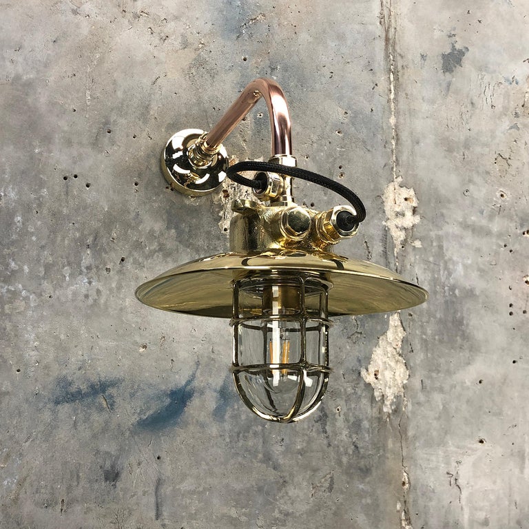 1970s Japanese Cast Brass and Copper Explosion Proof Caged Cantilever Wall Light For Sale 6