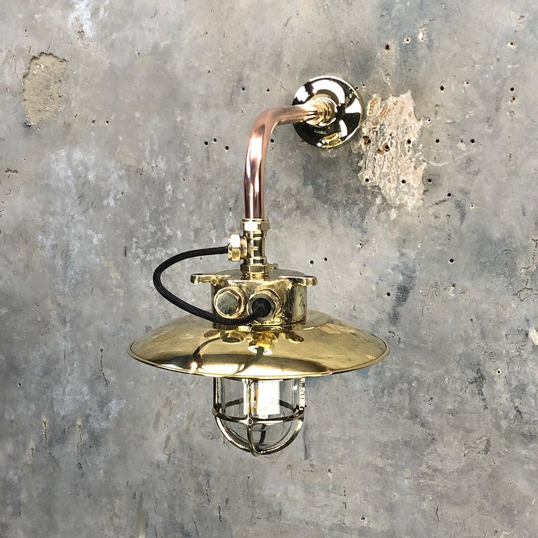 1970s Japanese Cast Brass and Copper Explosion Proof Caged Cantilever Wall Light For Sale 8