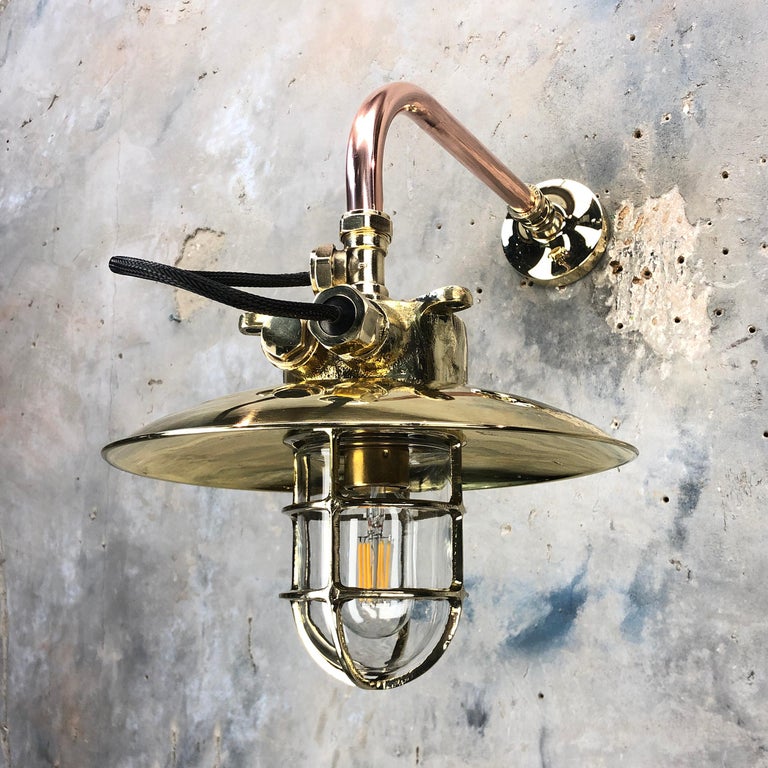 Tempered 1970s Japanese Cast Brass and Copper Explosion Proof Caged Cantilever Wall Light For Sale