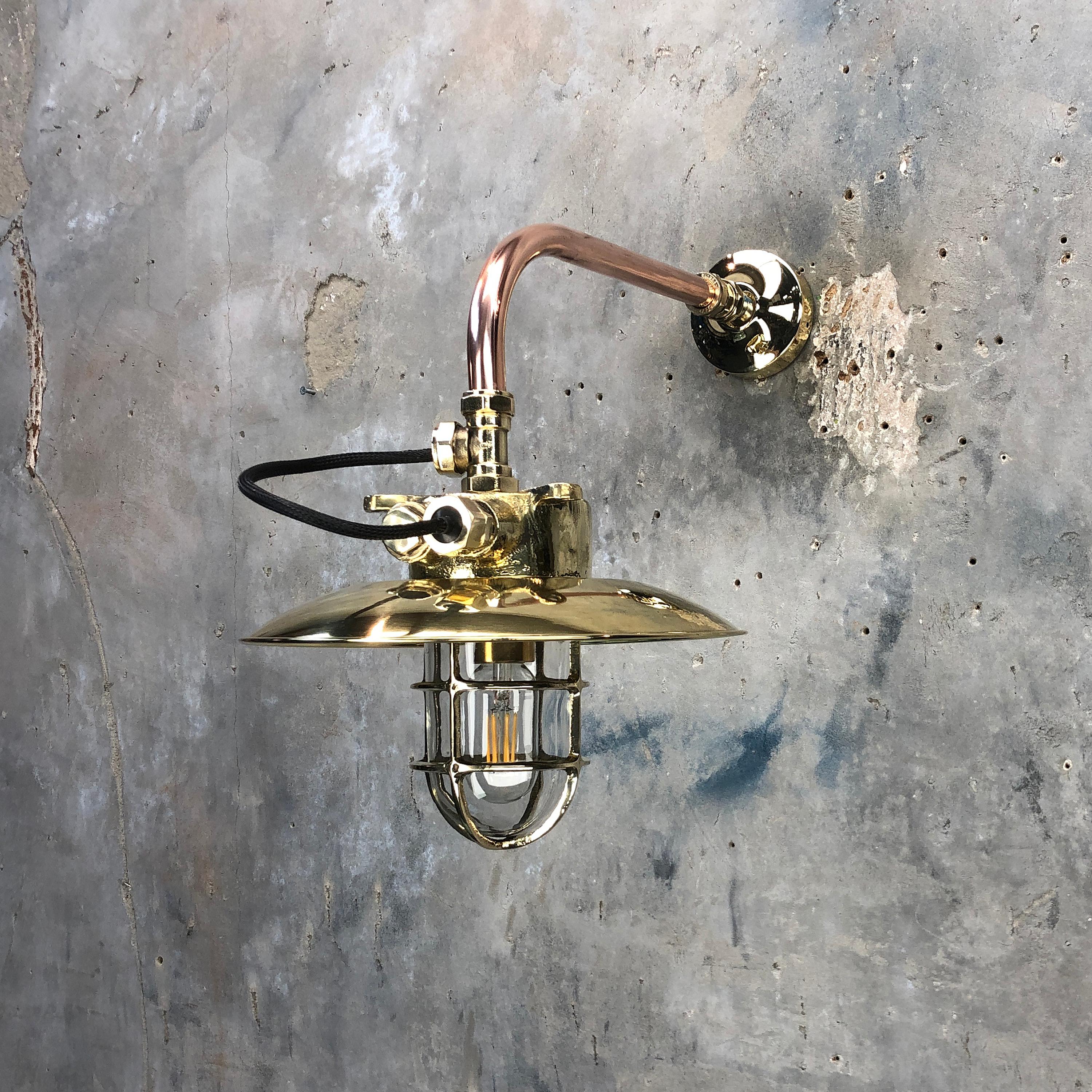 1970s Japanese Cast Brass and Copper Explosion Proof Caged Cantilever Wall Light In Excellent Condition In Leicester, Leicestershire
