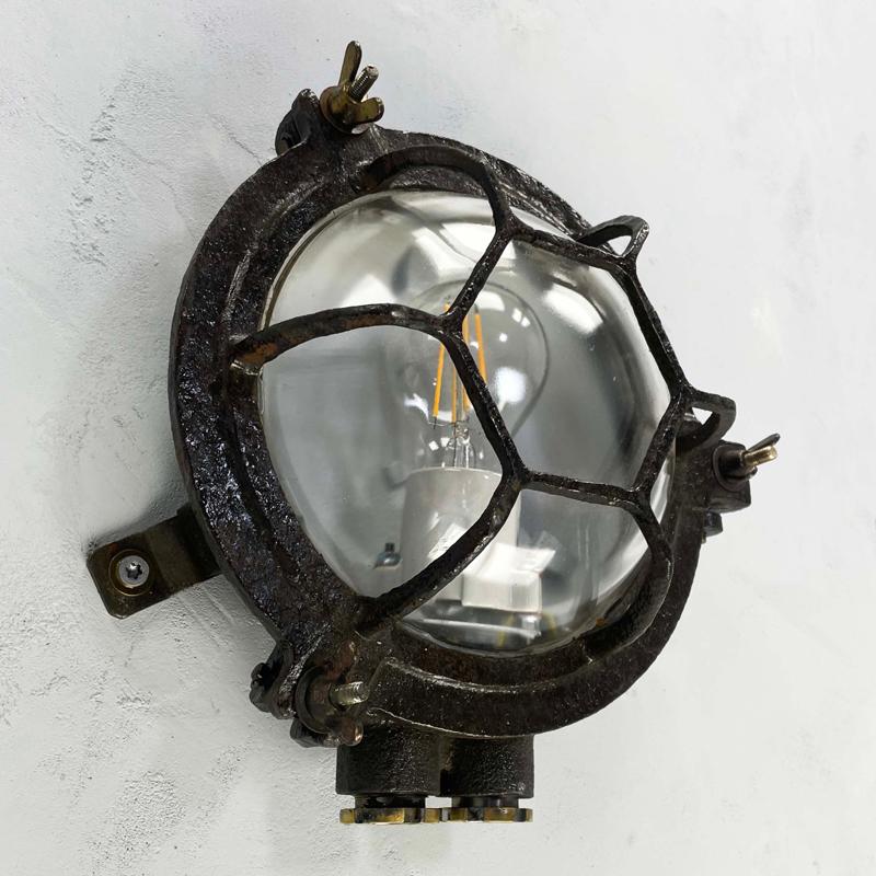 Industrial 1970's Japanese Cast Iron Circular Wall Light Hexagon Cage & Clear Glass For Sale