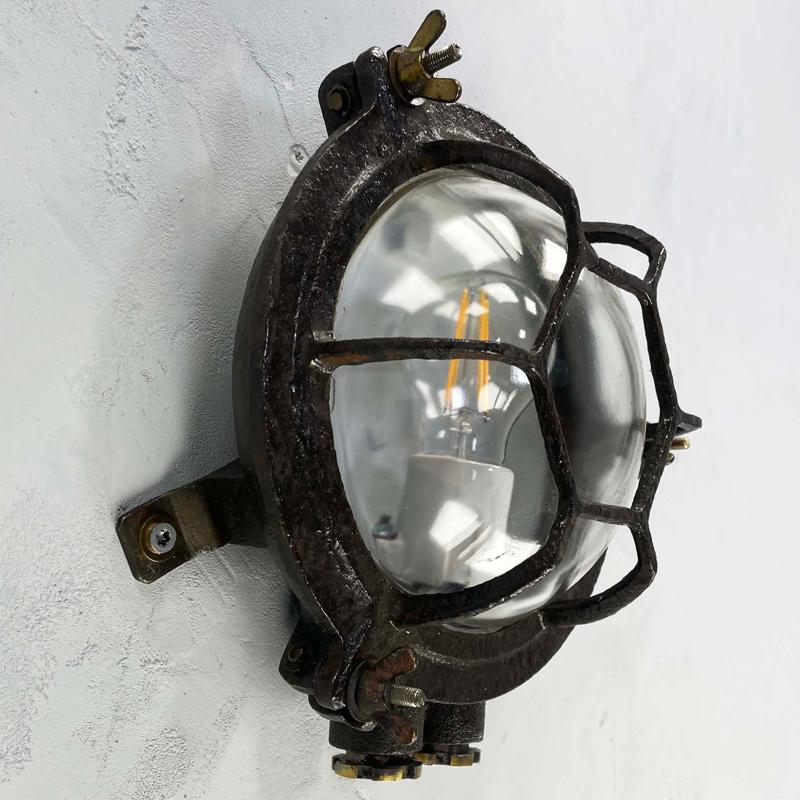 1970's Japanese Cast Iron Circular Wall Light Hexagon Cage & Clear Glass In Distressed Condition For Sale In Leicester, Leicestershire