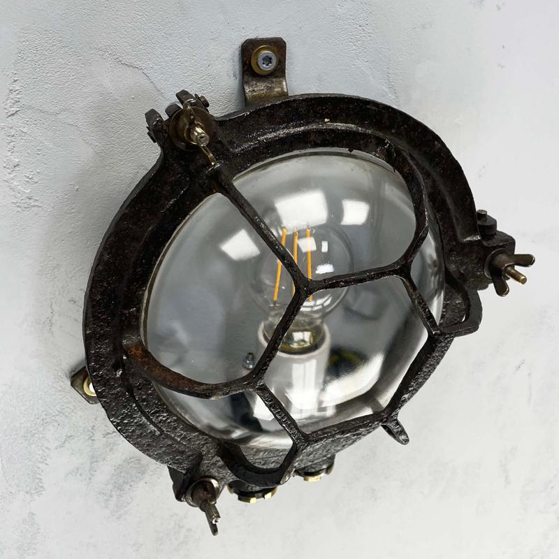 Late 20th Century 1970's Japanese Cast Iron Circular Wall Light Hexagon Cage & Clear Glass For Sale