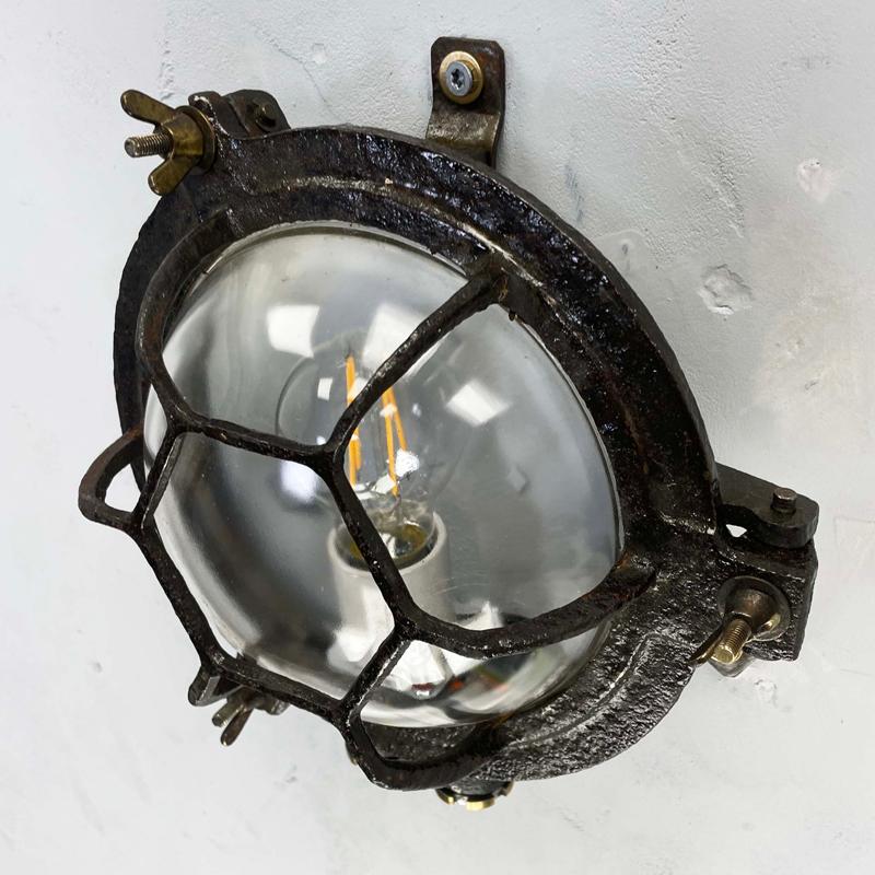 1970's Japanese Cast Iron Circular Wall Light Hexagon Cage & Clear Glass For Sale 1