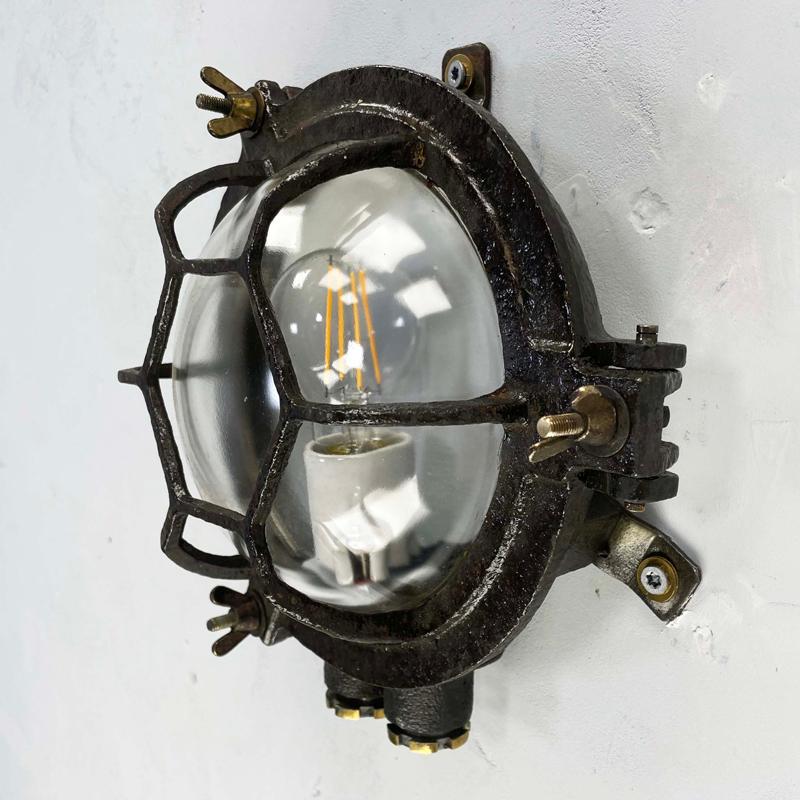 1970's Japanese Cast Iron Circular Wall Light Hexagon Cage & Clear Glass For Sale 2