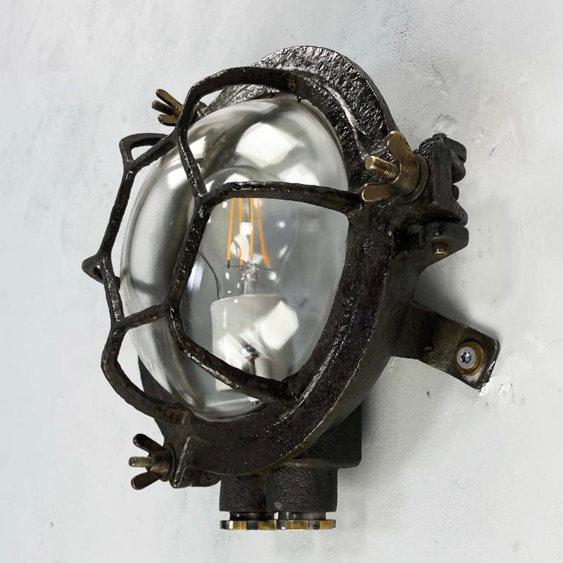 1970's Japanese Cast Iron Circular Wall Light Hexagon Cage & Clear Glass For Sale 3