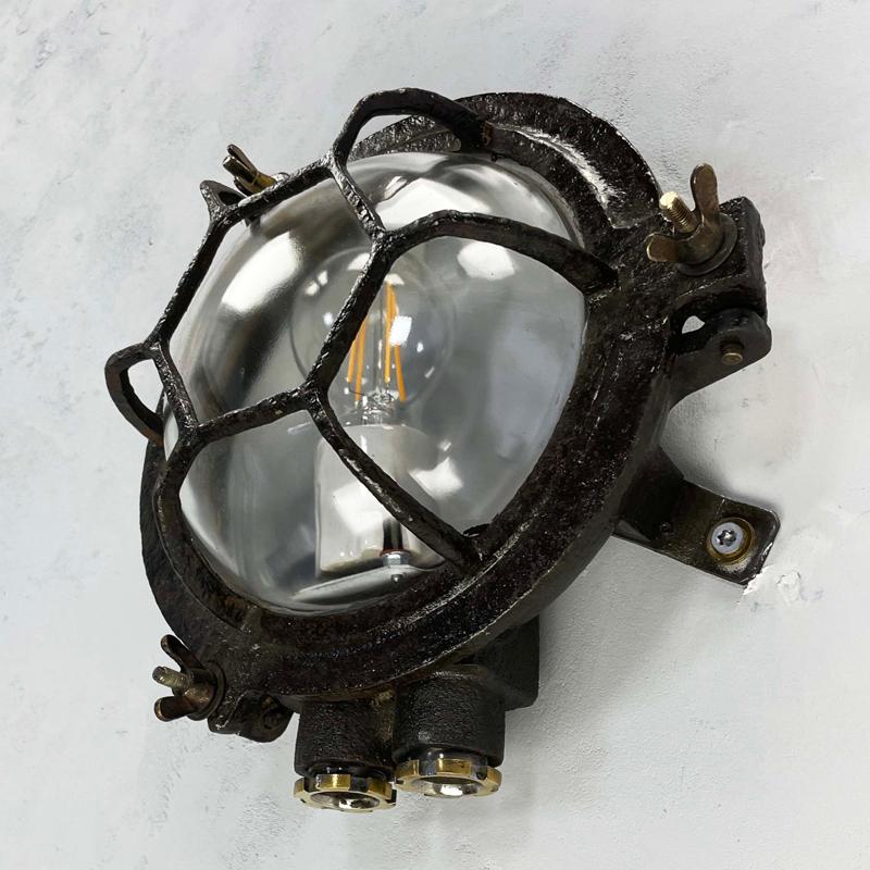 1970's Japanese Cast Iron Circular Wall Light Hexagon Cage & Clear Glass For Sale 4