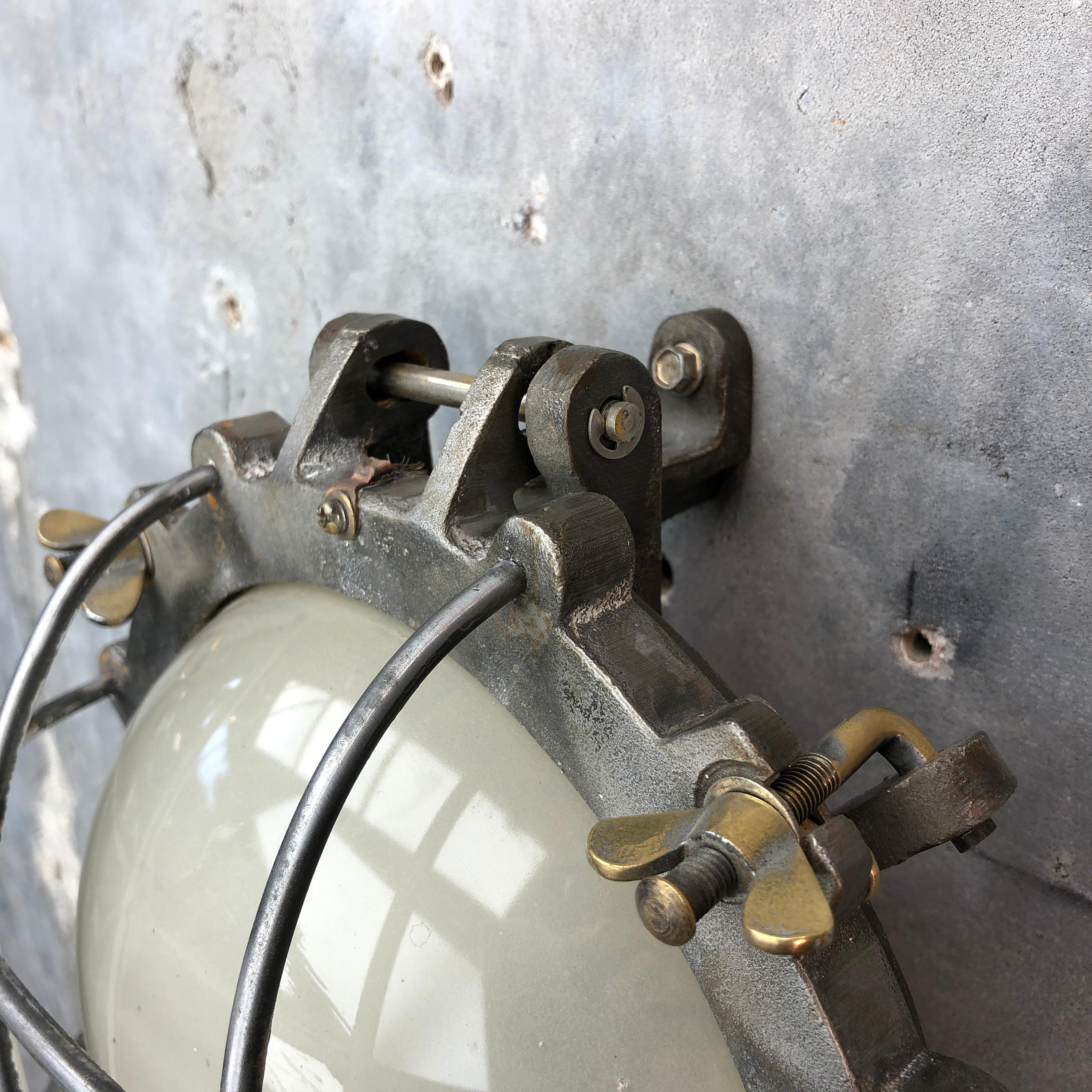 1970s Japanese Cast Iron Wall Light, White Glass Dome, Cage and Brass Fittings 5