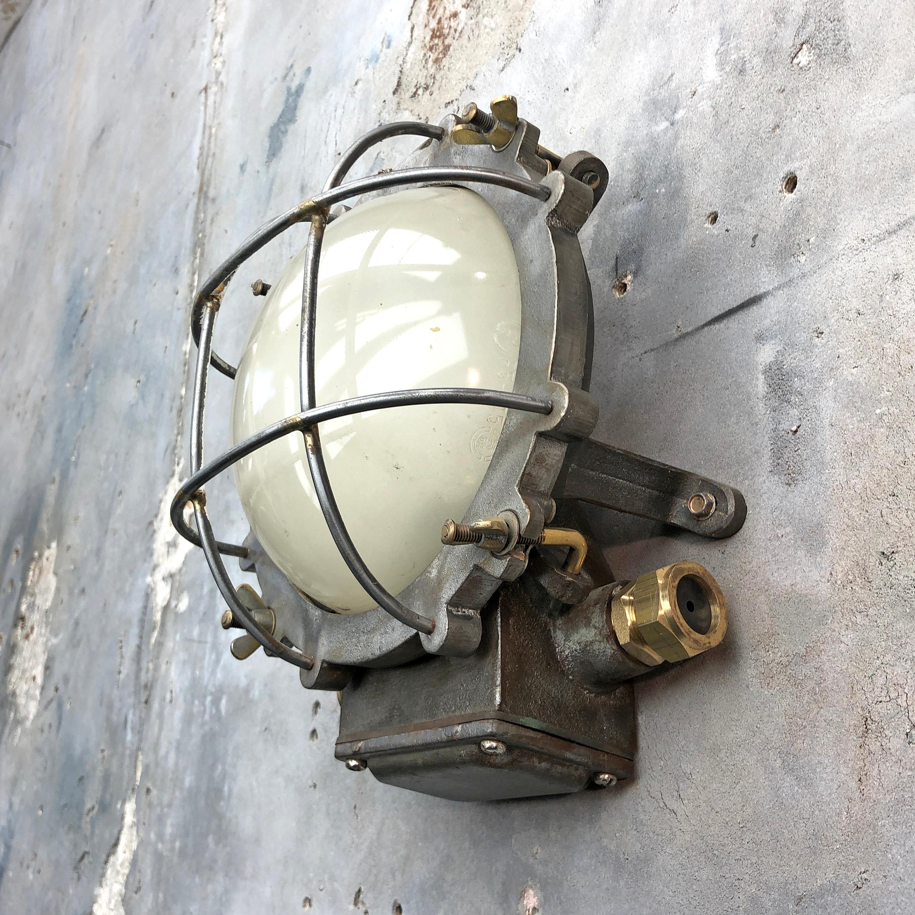 1970s Japanese Cast Iron Wall Light, White Glass Dome, Cage and Brass Fittings 6