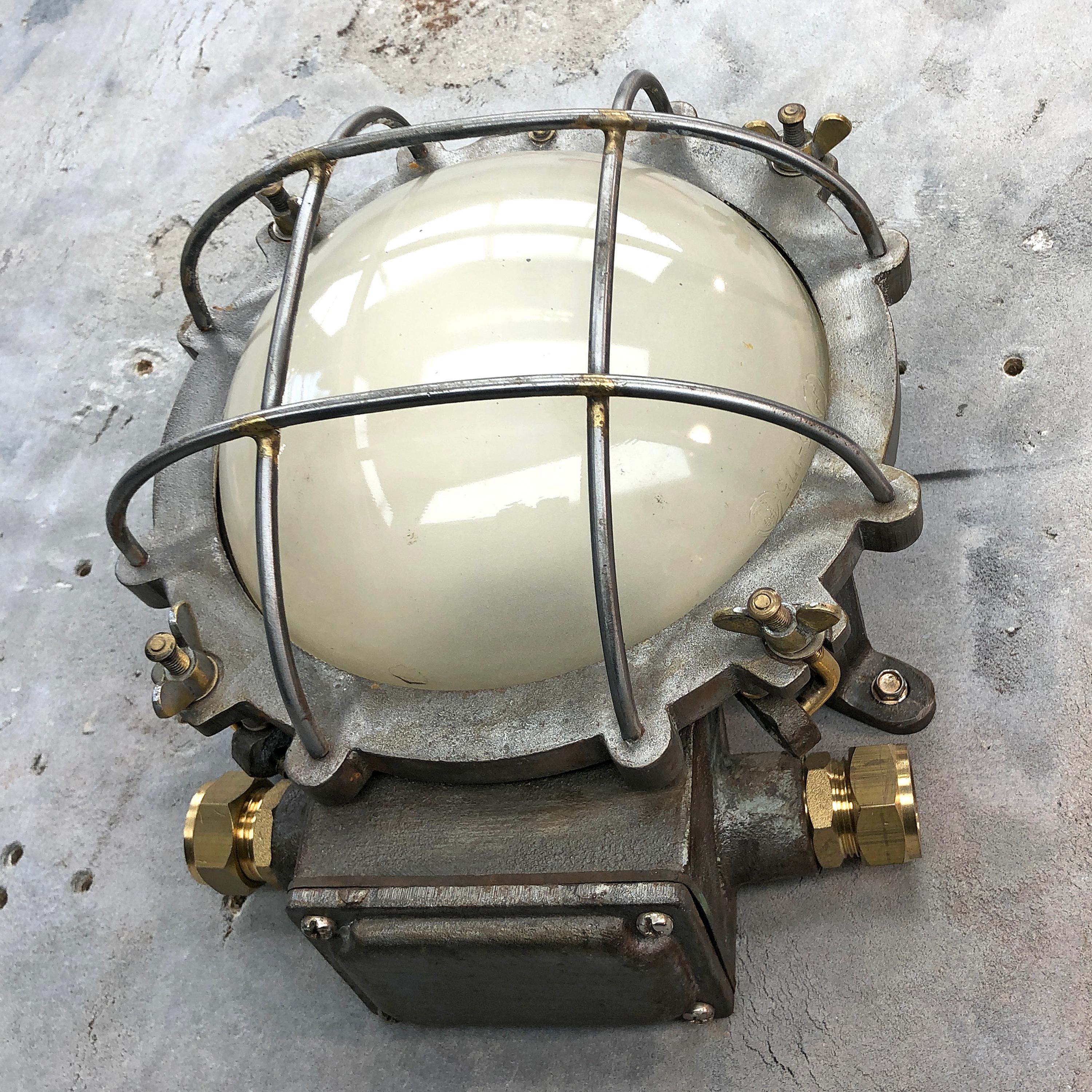 1970s Japanese Cast Iron Wall Light, White Glass Dome, Cage and Brass Fittings 7
