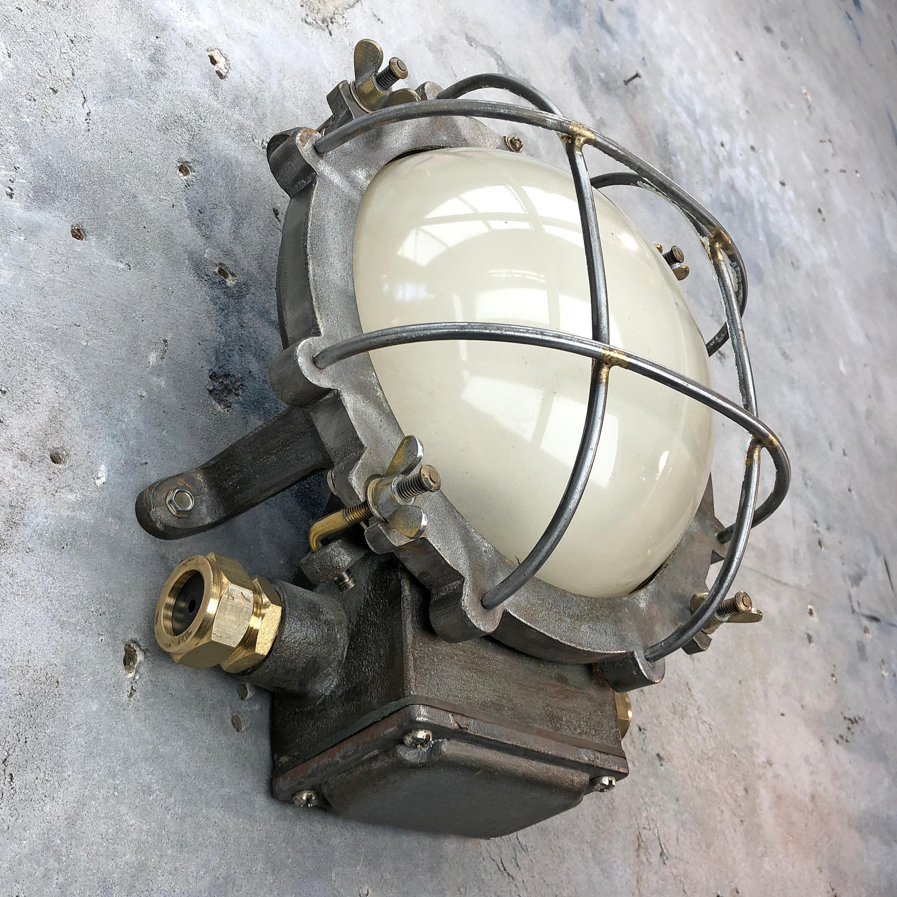 1970s Japanese Cast Iron Wall Light, White Glass Dome, Cage and Brass Fittings 8
