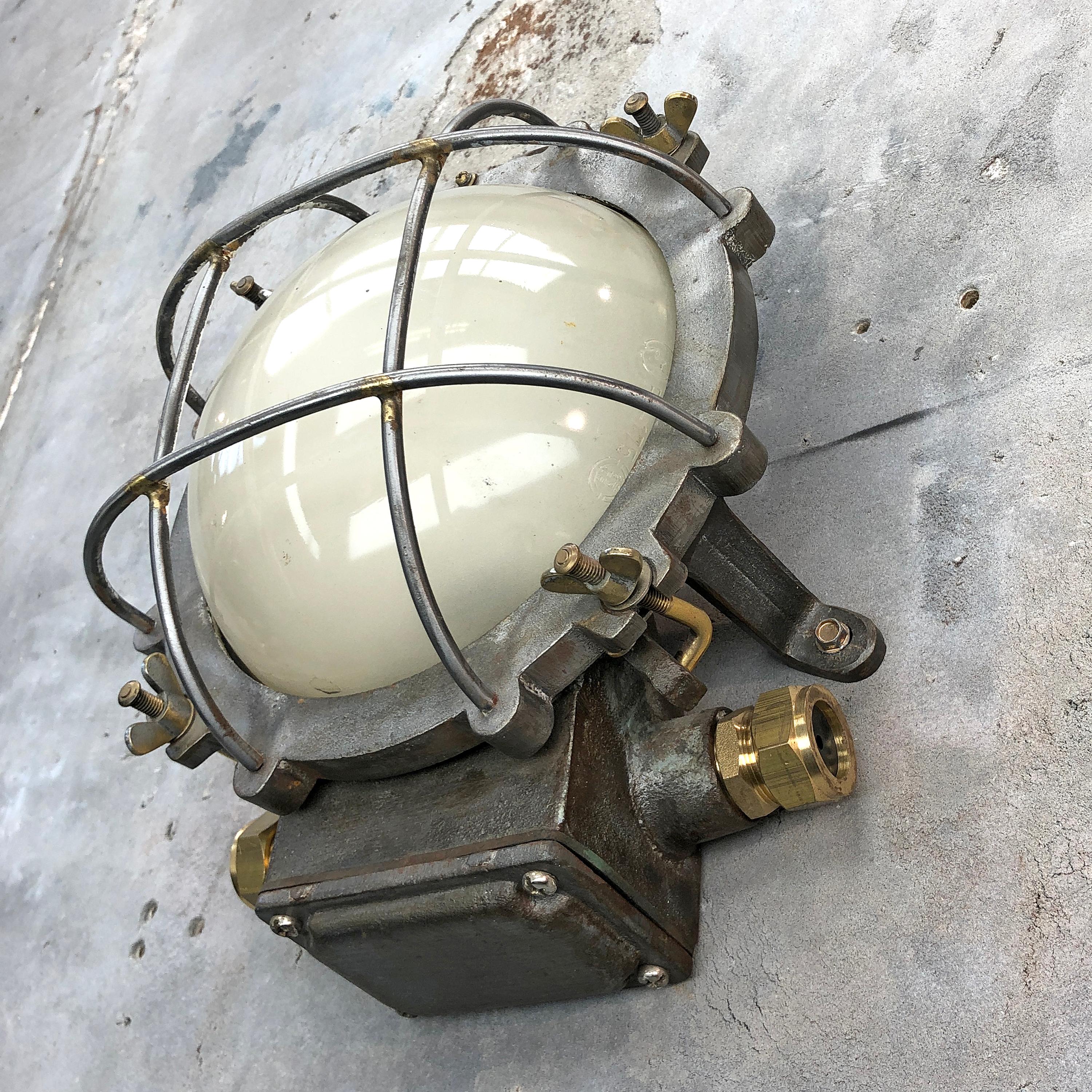 1970s Japanese Cast Iron Wall Light, White Glass Dome, Cage and Brass Fittings 9