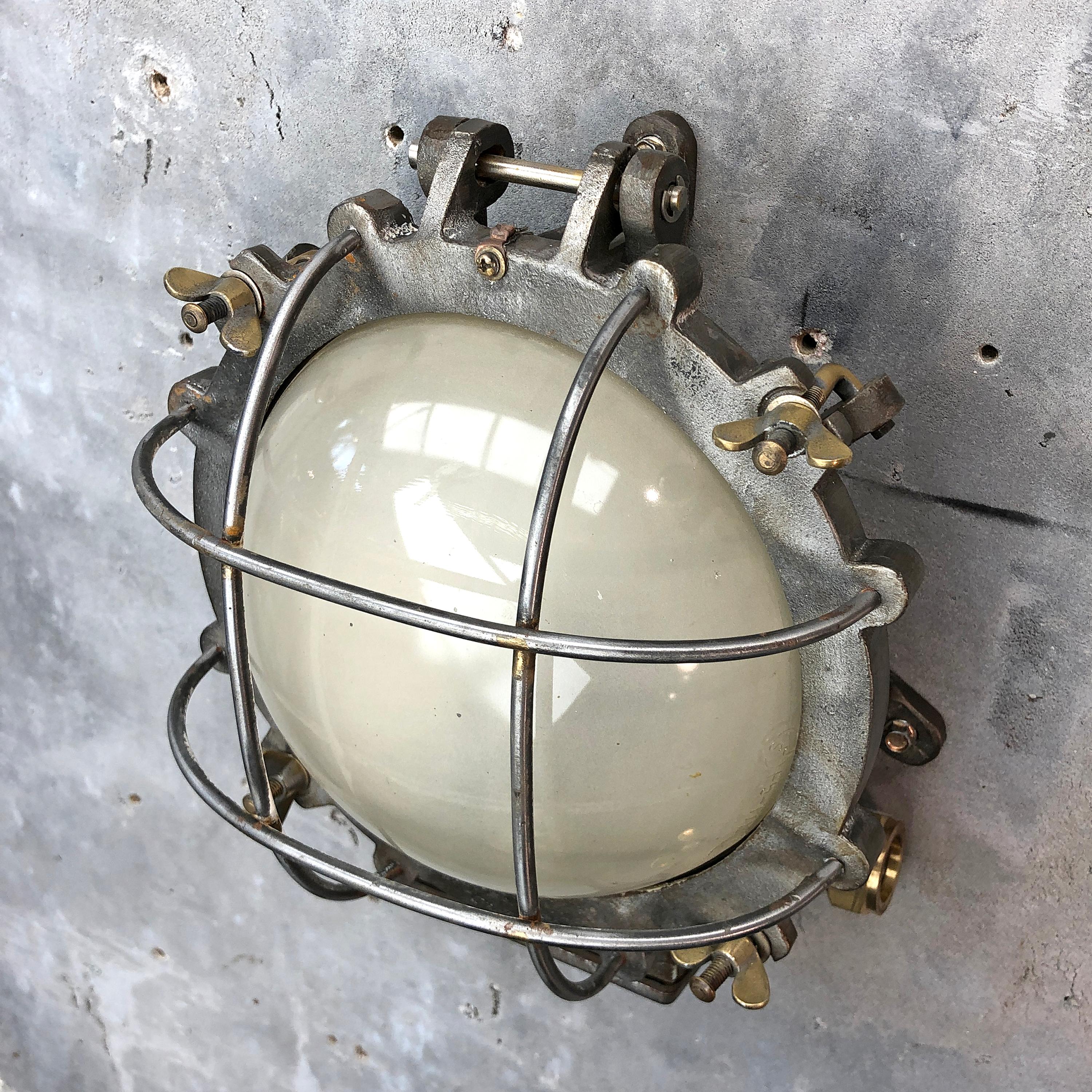 1970s Japanese Cast Iron Wall Light, White Glass Dome, Cage and Brass Fittings 10