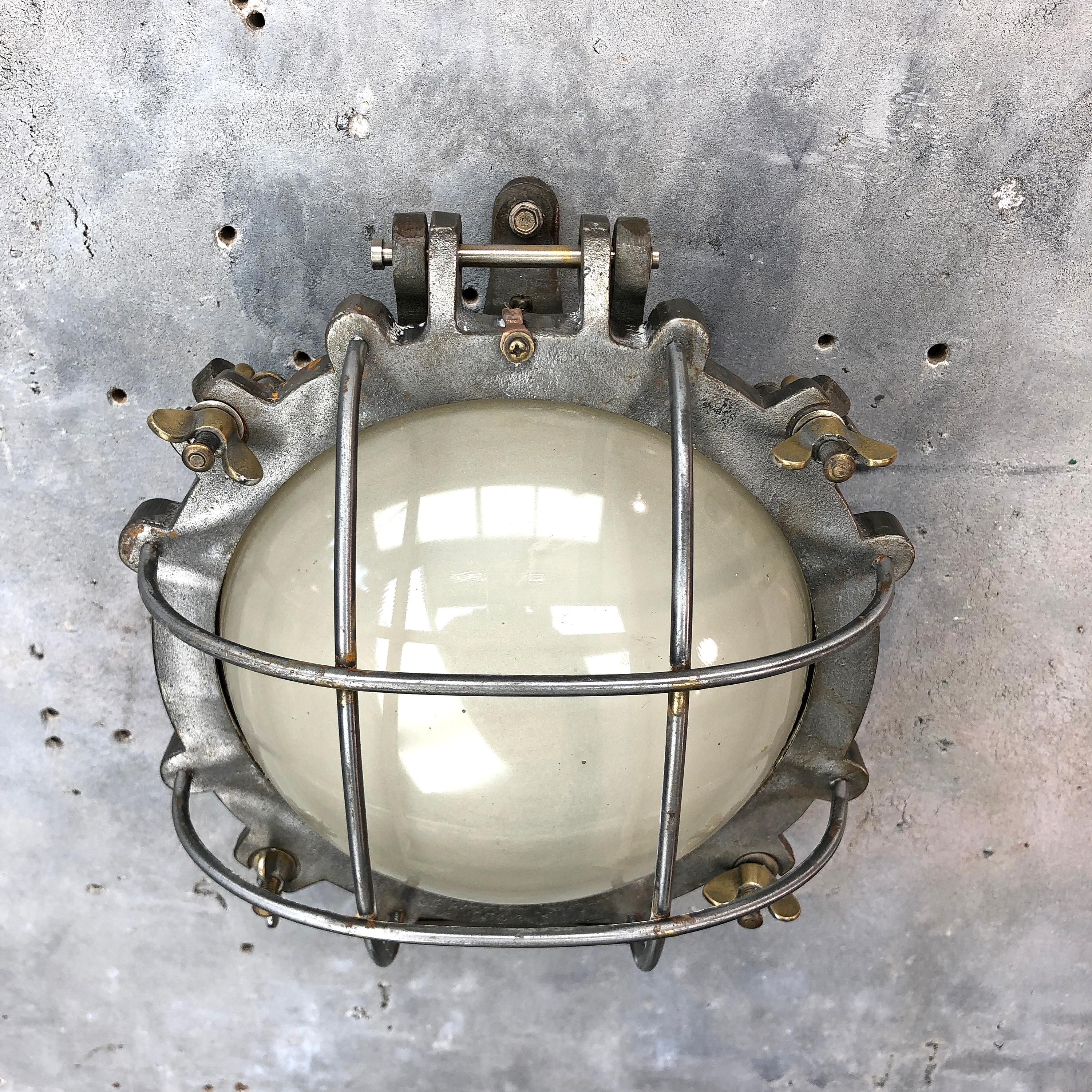 1970s Japanese Cast Iron Wall Light, White Glass Dome, Cage and Brass Fittings 11