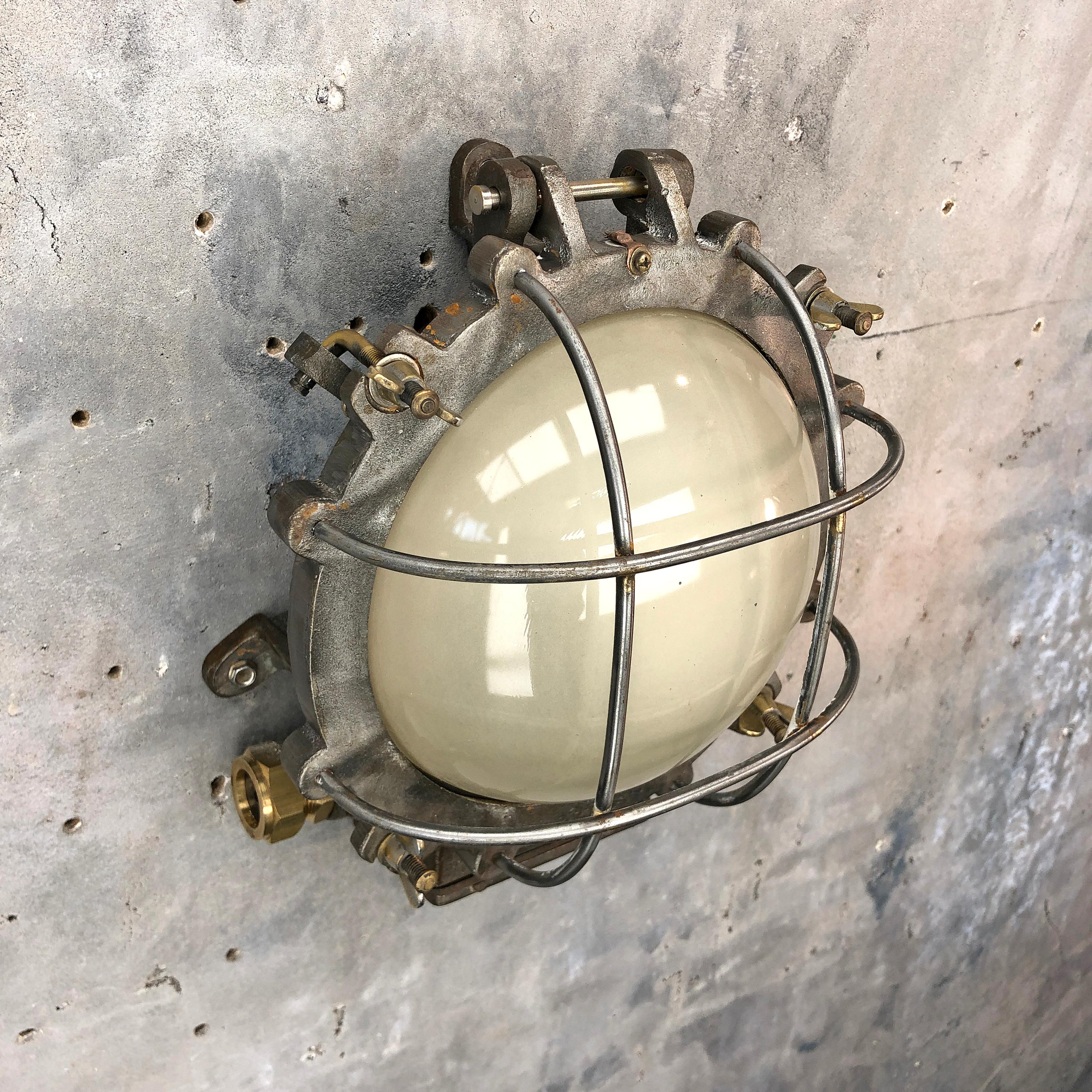 1970s Japanese Cast Iron Wall Light, White Glass Dome, Cage and Brass Fittings 12
