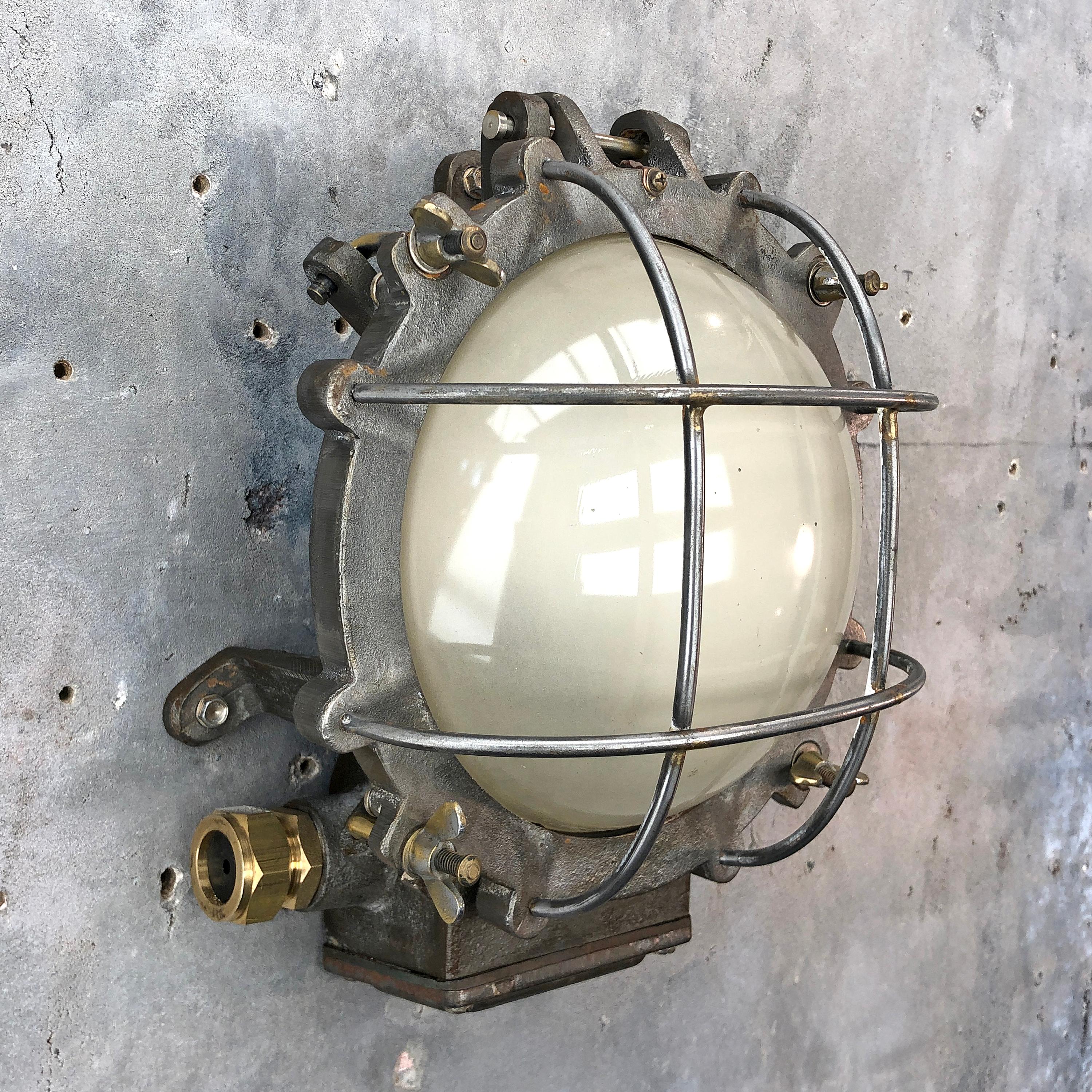 Industrial 1970s Japanese Cast Iron Wall Light, White Glass Dome, Cage and Brass Fittings