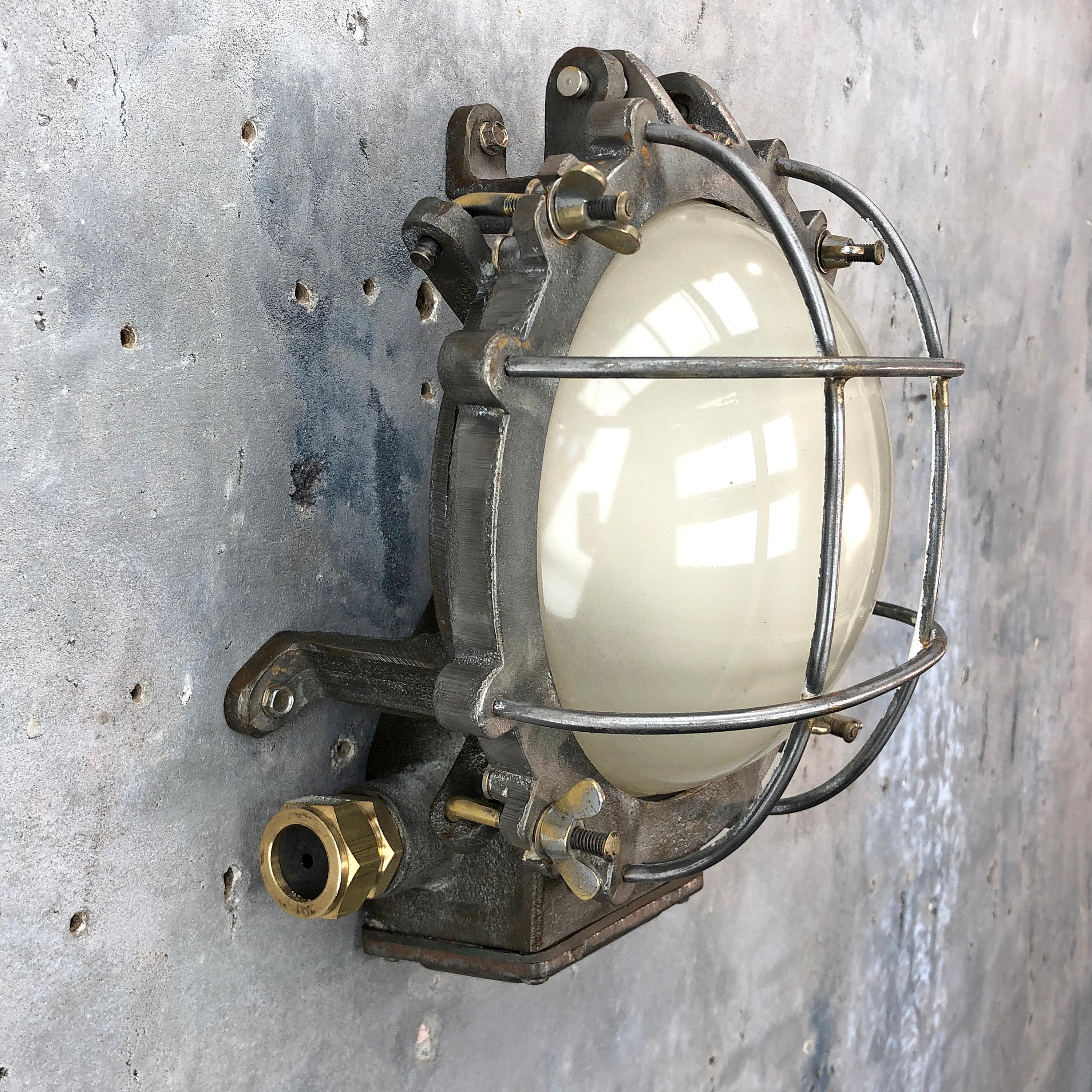 1970s Japanese Cast Iron Wall Light, White Glass Dome, Cage and Brass Fittings 1