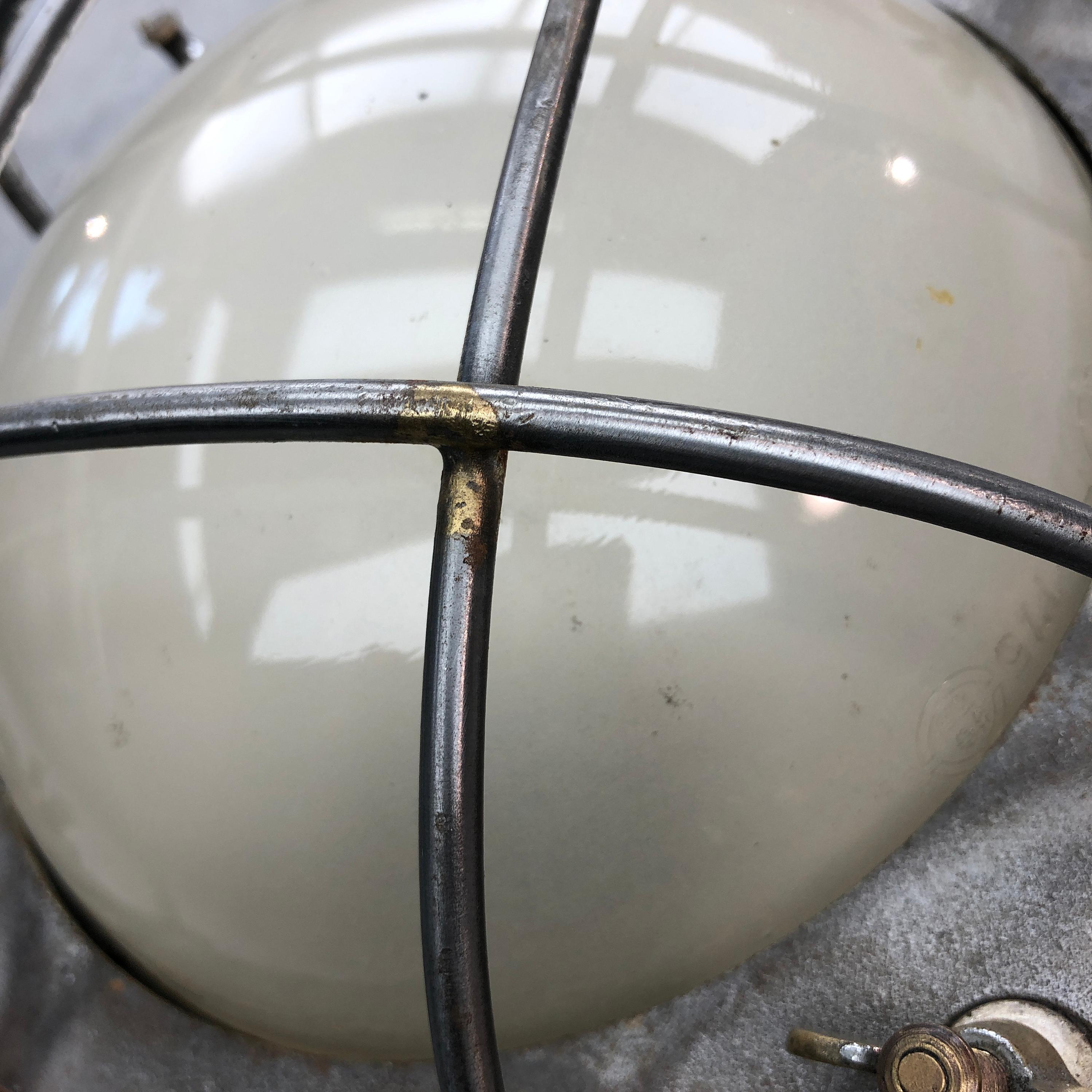 1970s Japanese Cast Iron Wall Light, White Glass Dome, Cage and Brass Fittings 3