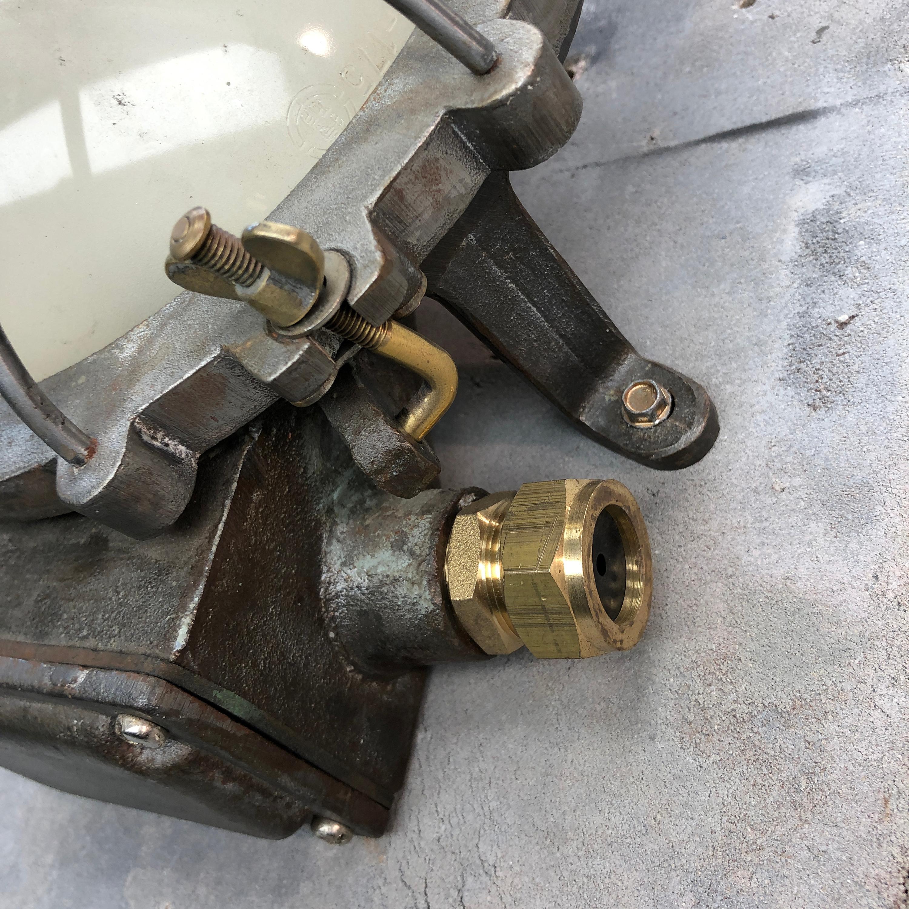 1970s Japanese Cast Iron Wall Light, White Glass Dome, Cage and Brass Fittings 4