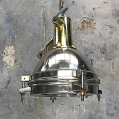 1970s Japanese Compact Stainless Steel, Cast Brass & Glass Search Light Pendant