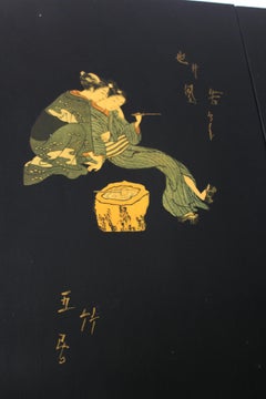 1970s Japanese Four Panel Black Lacquer Folding Screen with Decoupage Scenes