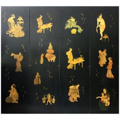 1970s Japanese Four Panel Black Lacquer Folding Screen with Decoupage Scenes