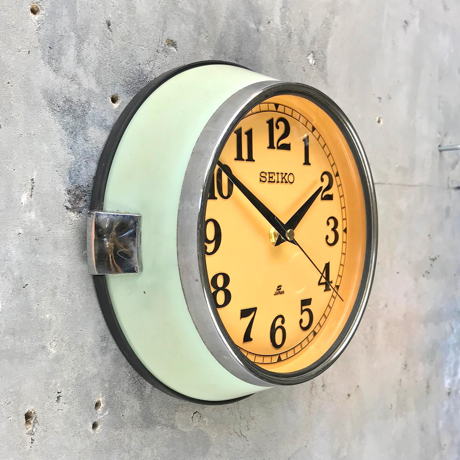 Industrial 1970s Japanese Green Retro Seiko Vintage Antique Chrome Bezel Quartz Wall Clock
