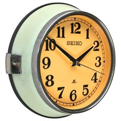 1970s Japanese Green Retro Seiko Vintage Antique Chrome Bezel Quartz Wall Clock