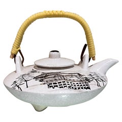 1970s Japanese Hand Painted Teapot Woven Handle